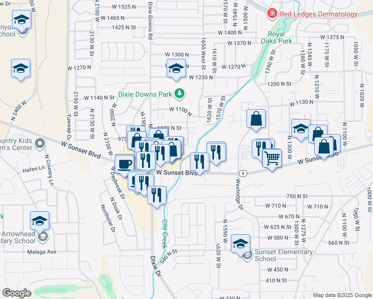 map of restaurants, bars, coffee shops, grocery stores, and more near 1729 West 950 North in St. George