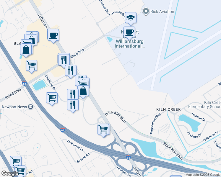 map of restaurants, bars, coffee shops, grocery stores, and more near 2389 G Avenue in Newport News