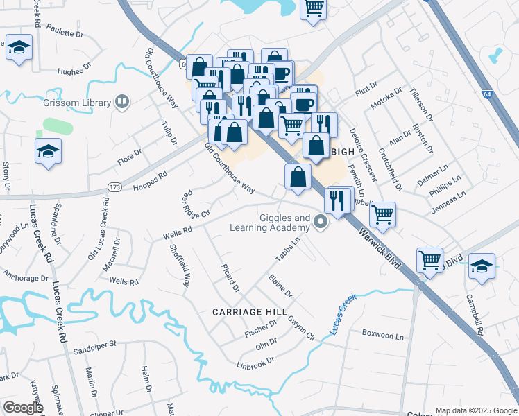 map of restaurants, bars, coffee shops, grocery stores, and more near 14307 Old Courthouse Way in Newport News