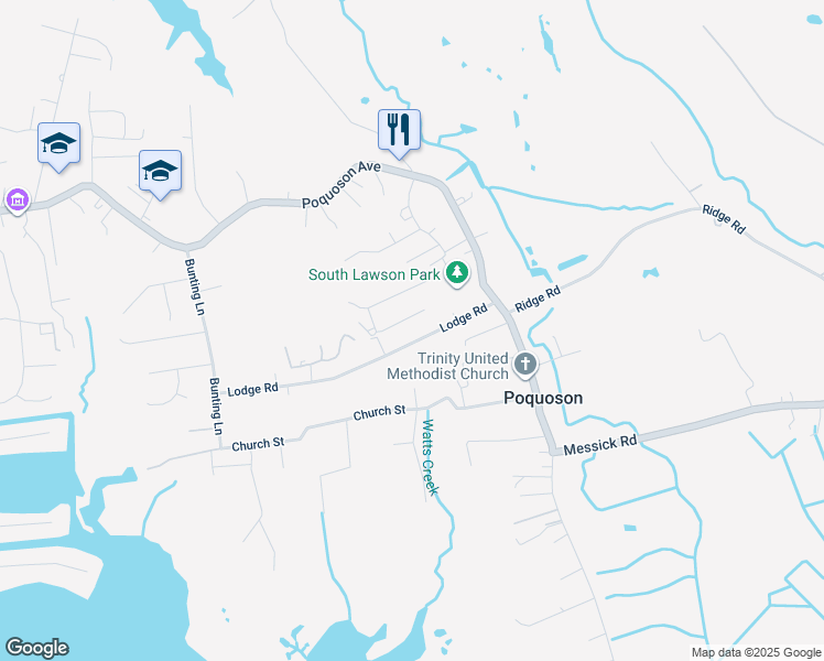 map of restaurants, bars, coffee shops, grocery stores, and more near 36 Lodge Road in Poquoson