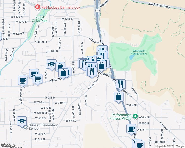 map of restaurants, bars, coffee shops, grocery stores, and more near 929 West Sunset Boulevard in St. George