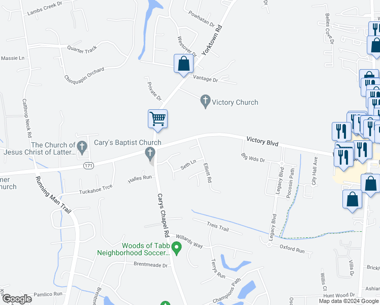 map of restaurants, bars, coffee shops, grocery stores, and more near 105 Cody PIace in Yorktown