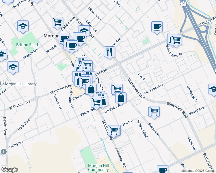 map of restaurants, bars, coffee shops, grocery stores, and more near 16890 Church Street in Morgan Hill