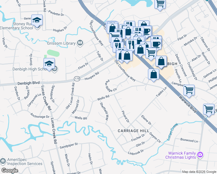 map of restaurants, bars, coffee shops, grocery stores, and more near 351 Pear Ridge Circle in Newport News