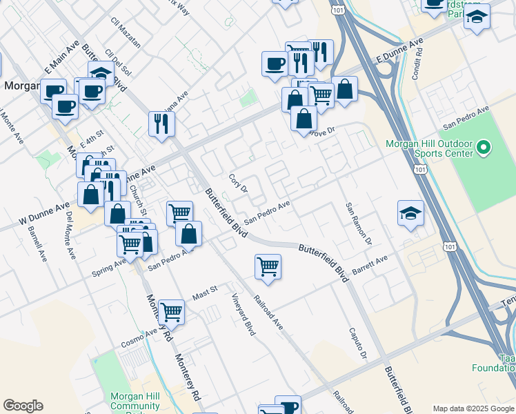map of restaurants, bars, coffee shops, grocery stores, and more near Cory Drive & San Luis Way in Morgan Hill