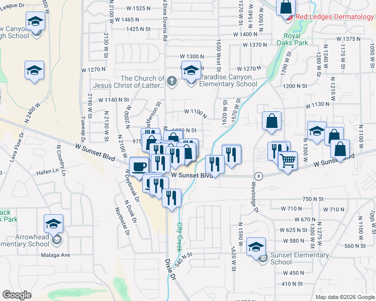 map of restaurants, bars, coffee shops, grocery stores, and more near 1793 West 950 North in St. George