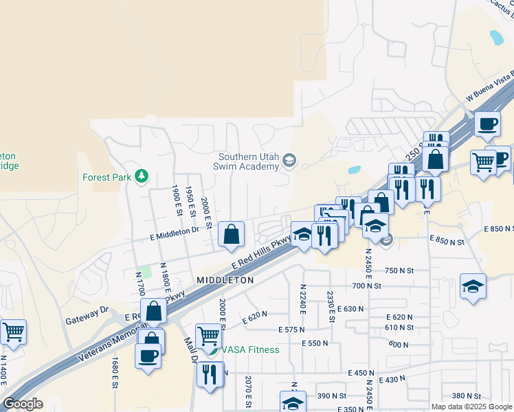 map of restaurants, bars, coffee shops, grocery stores, and more near 993 North 2075 East Circle in St. George