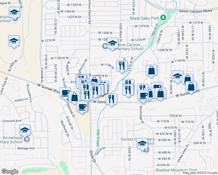 map of restaurants, bars, coffee shops, grocery stores, and more near 968 North 1725 West in St. George