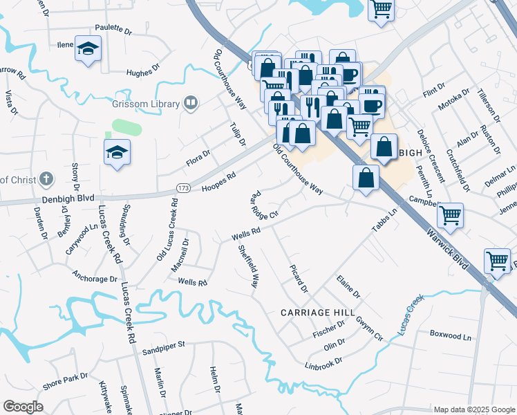map of restaurants, bars, coffee shops, grocery stores, and more near 351 Pear Ridge Circle in Newport News
