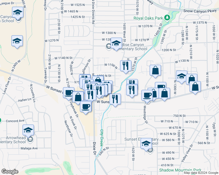 map of restaurants, bars, coffee shops, grocery stores, and more near 1771 West 950 North in St. George