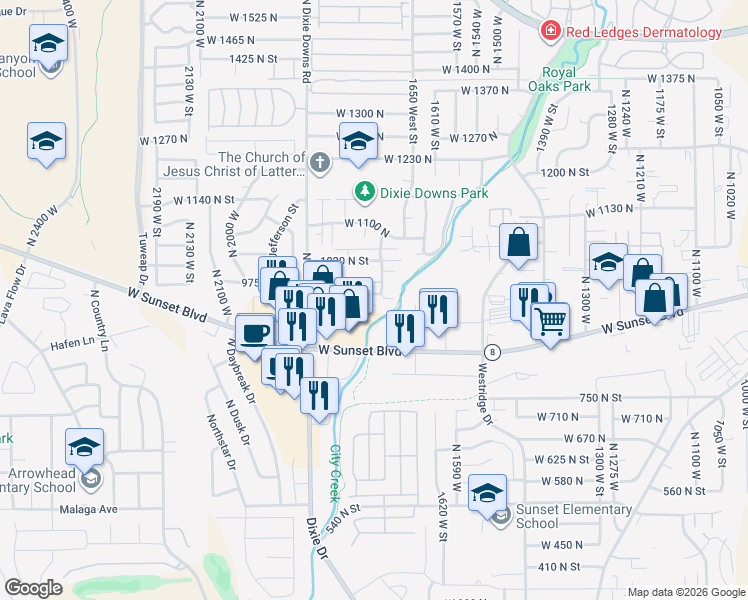 map of restaurants, bars, coffee shops, grocery stores, and more near 968 North 1725 West in St. George