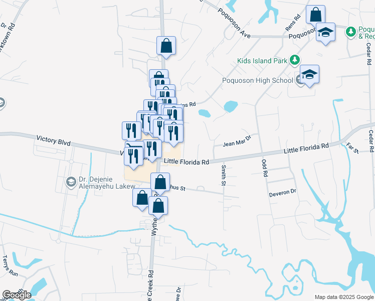 map of restaurants, bars, coffee shops, grocery stores, and more near 6 Hopkins Court in Poquoson