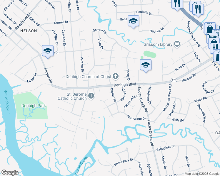 map of restaurants, bars, coffee shops, grocery stores, and more near 800 Darden Drive in Newport News