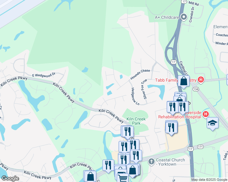 map of restaurants, bars, coffee shops, grocery stores, and more near 406 Hounds Chase in Yorktown