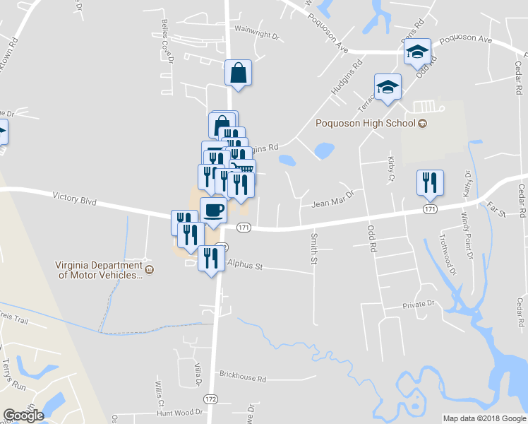 map of restaurants, bars, coffee shops, grocery stores, and more near 6 Hopkins Court in Poquoson