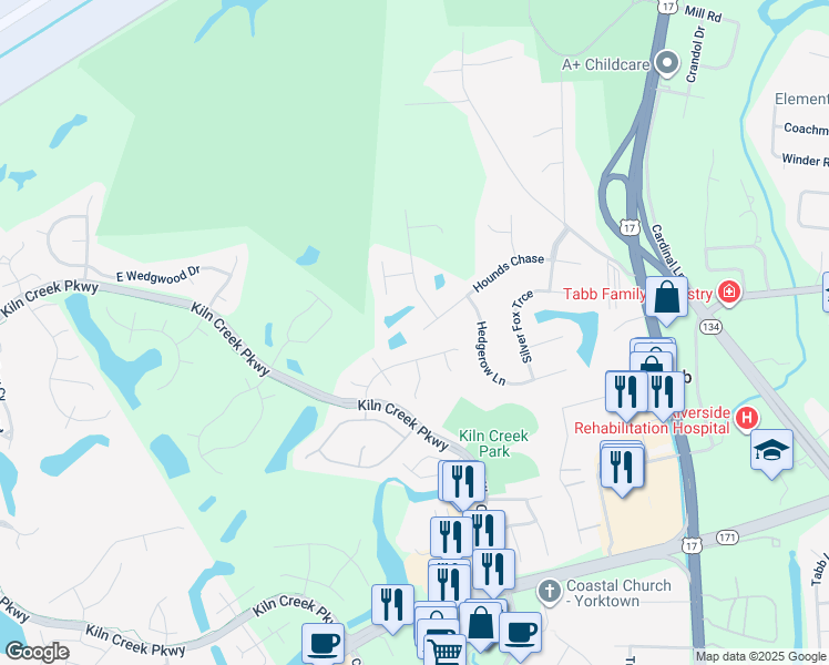 map of restaurants, bars, coffee shops, grocery stores, and more near 406 Hounds Chase in Yorktown