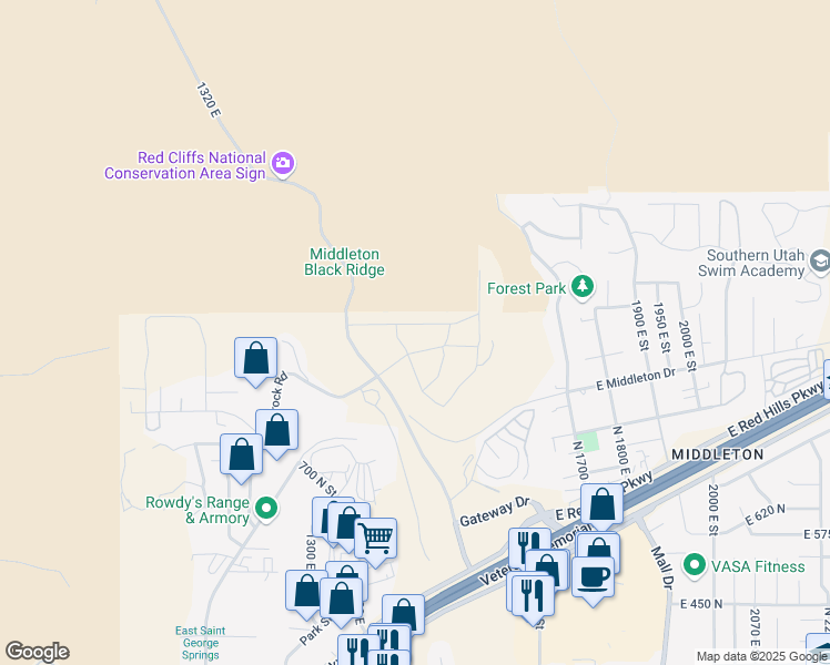 map of restaurants, bars, coffee shops, grocery stores, and more near 1442 Dellcorero Drive in St. George