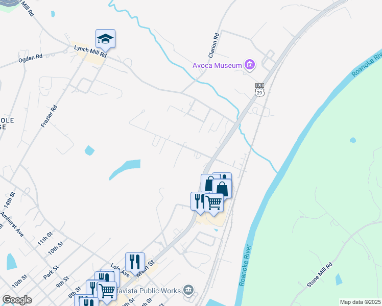 map of restaurants, bars, coffee shops, grocery stores, and more near 608 Riverview Drive in Altavista