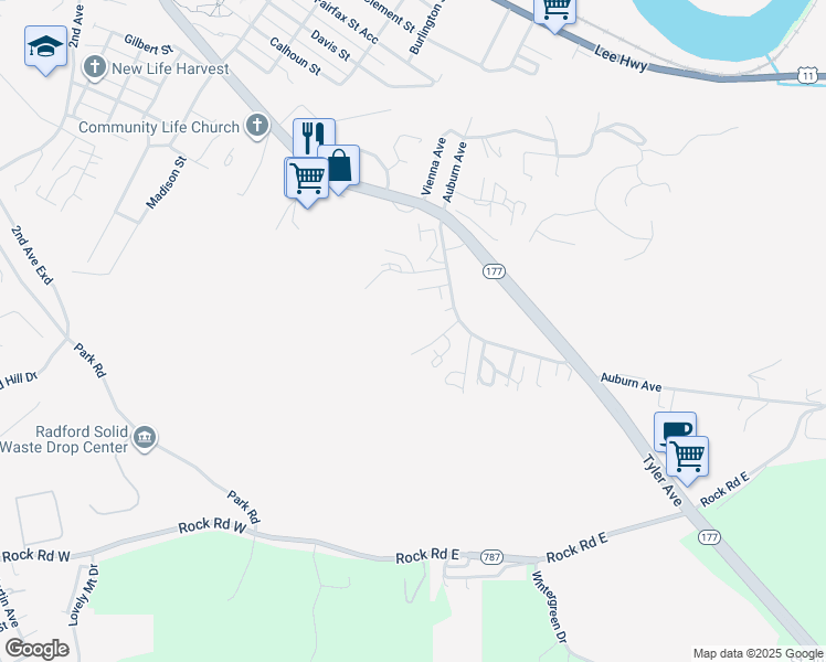 map of restaurants, bars, coffee shops, grocery stores, and more near 109 Ridgewood Lane in Radford