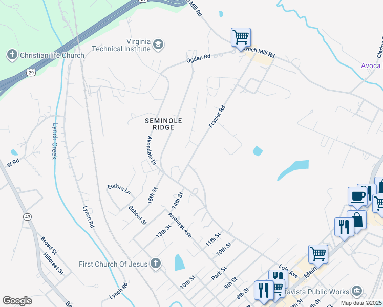 map of restaurants, bars, coffee shops, grocery stores, and more near 108 Frazier Road in Altavista