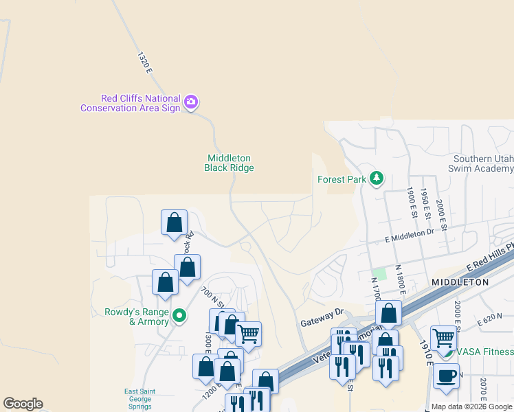 map of restaurants, bars, coffee shops, grocery stores, and more near 1398 Dellcorero Drive in St. George