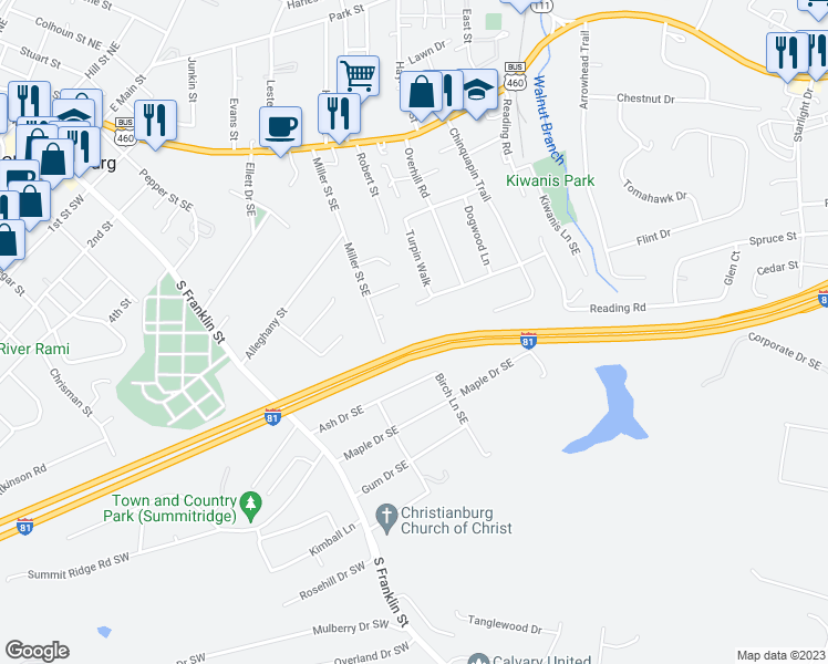 map of restaurants, bars, coffee shops, grocery stores, and more near 428 Miller Street Southeast in Christiansburg