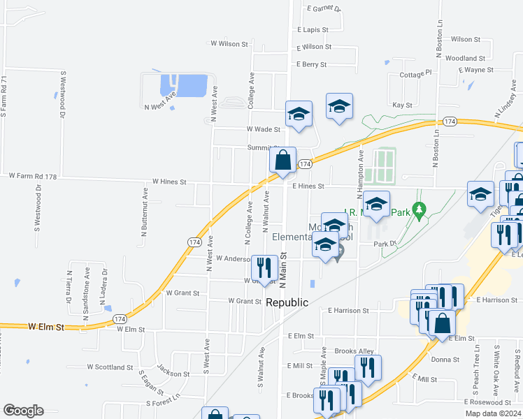 map of restaurants, bars, coffee shops, grocery stores, and more near 517 North Walnut Avenue in Republic