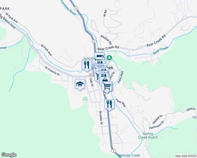 map of restaurants, bars, coffee shops, grocery stores, and more near 13151 California 9 in Boulder Creek