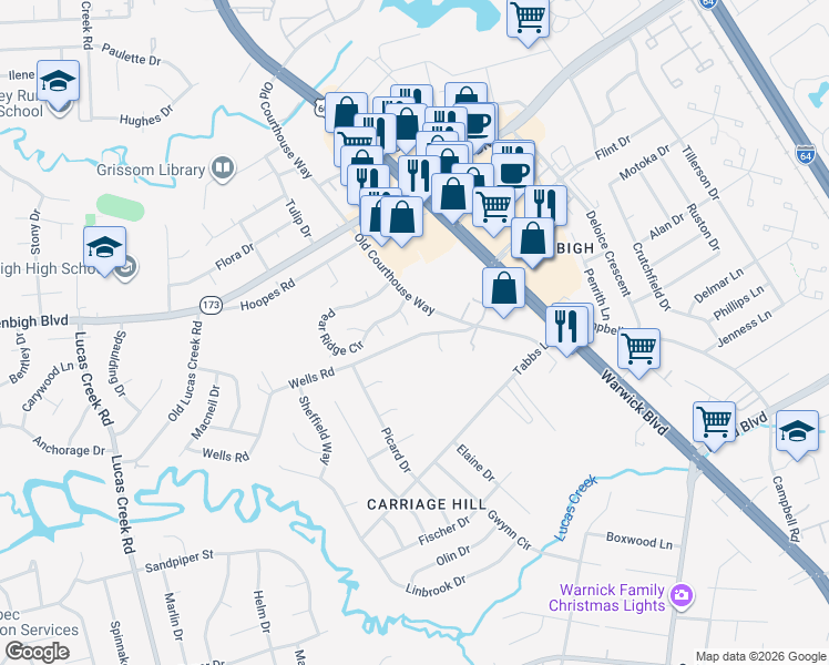 map of restaurants, bars, coffee shops, grocery stores, and more near 4311 Merlyn Walk Place in Newport News
