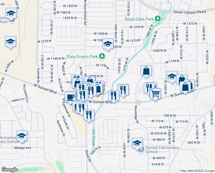 map of restaurants, bars, coffee shops, grocery stores, and more near 1727 West 950 North in St. George
