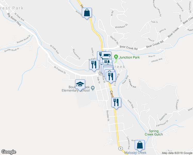 map of restaurants, bars, coffee shops, grocery stores, and more near 13165 Oak Street in Boulder Creek