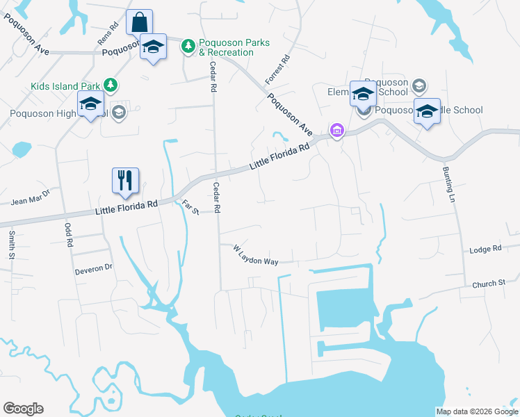 map of restaurants, bars, coffee shops, grocery stores, and more near 16 Rhodelia Lane in Poquoson