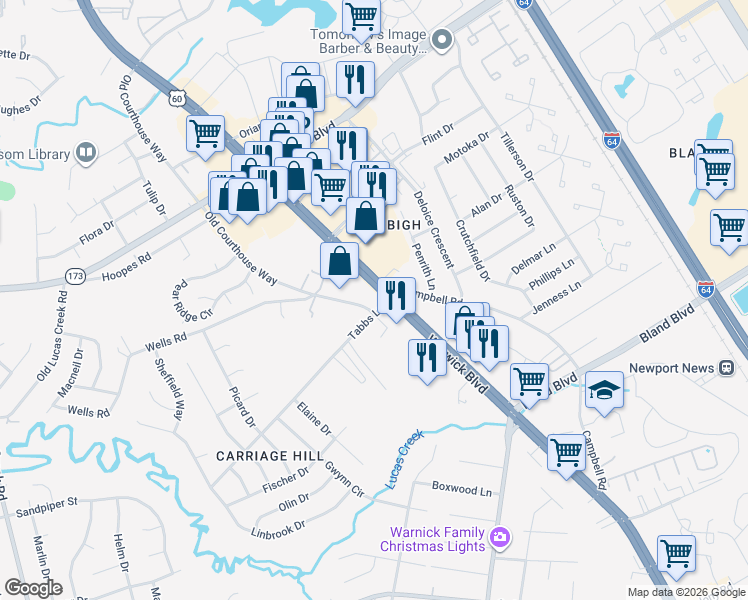 map of restaurants, bars, coffee shops, grocery stores, and more near 14100 Warwick Blvd in Newport News