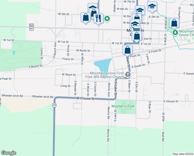 map of restaurants, bars, coffee shops, grocery stores, and more near 308 South Center Street in Mountain Grove