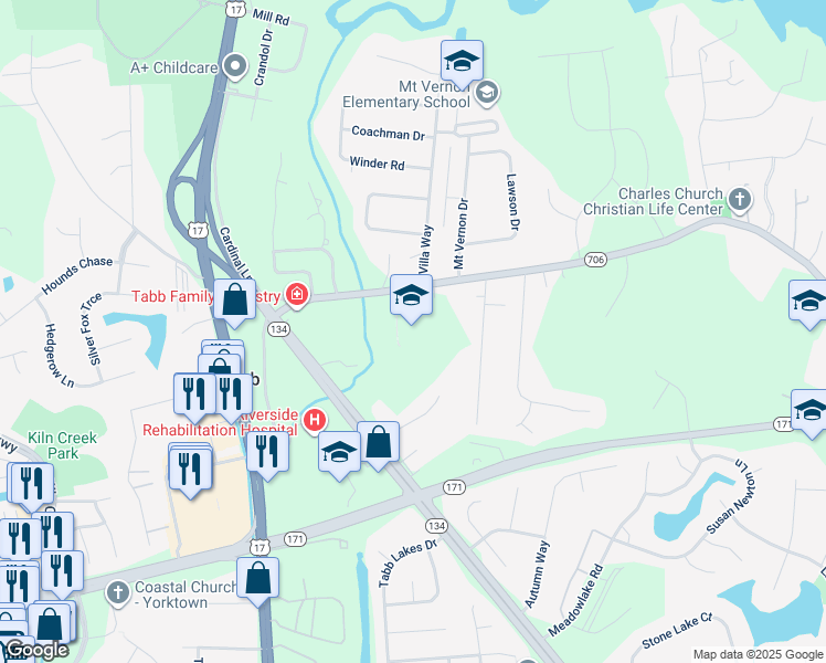 map of restaurants, bars, coffee shops, grocery stores, and more near 300 Yorktown Road in Yorktown