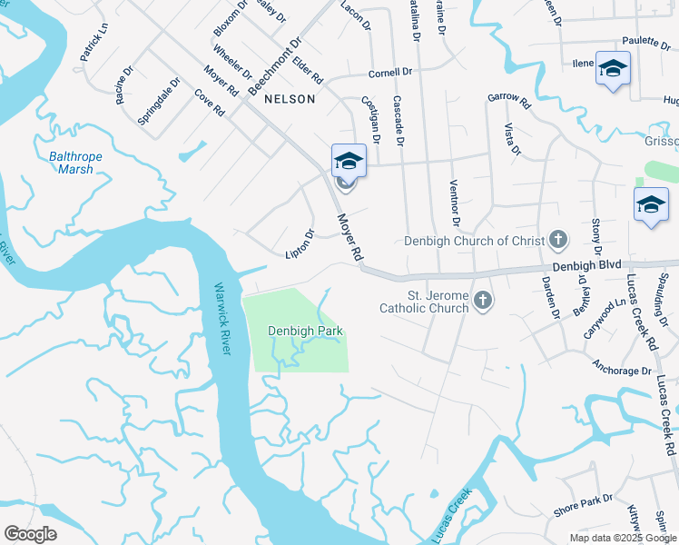 map of restaurants, bars, coffee shops, grocery stores, and more near 40 Denbigh Boulevard in Newport News