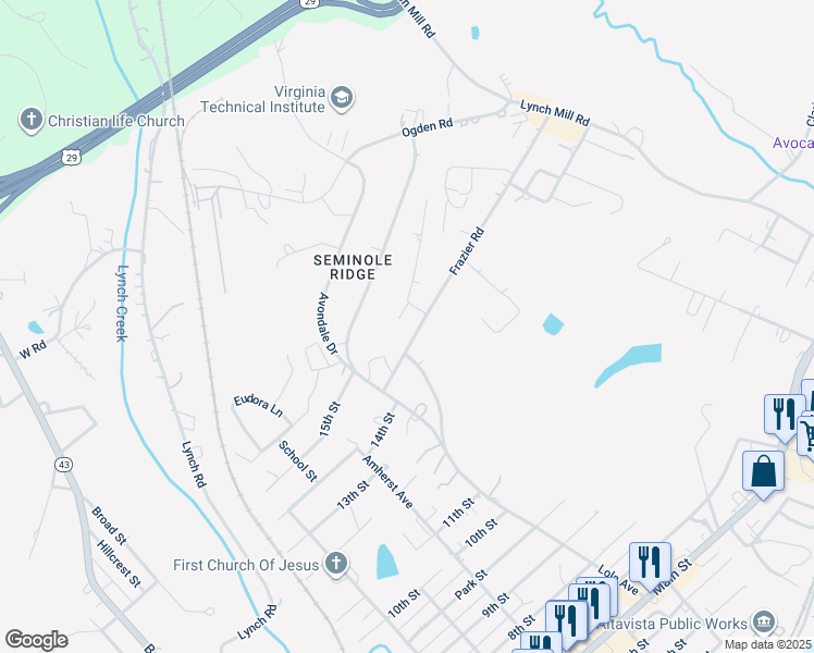 map of restaurants, bars, coffee shops, grocery stores, and more near 108 Frazier Road in Altavista