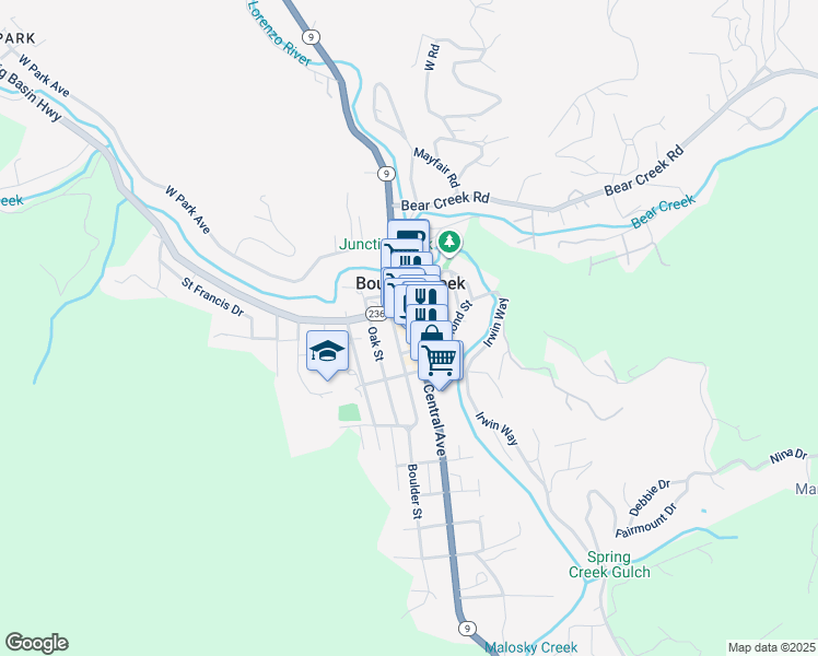 map of restaurants, bars, coffee shops, grocery stores, and more near 13151 California 9 in Boulder Creek