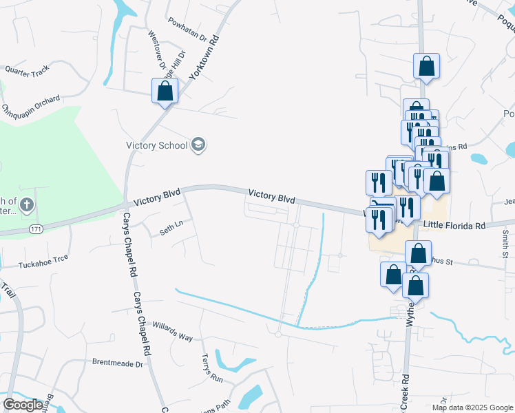 map of restaurants, bars, coffee shops, grocery stores, and more near Victory Boulevard in Poquoson