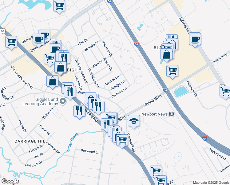 map of restaurants, bars, coffee shops, grocery stores, and more near 4 Crutchfield Drive in Newport News