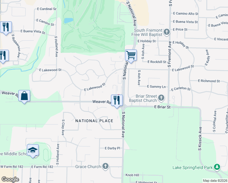 map of restaurants, bars, coffee shops, grocery stores, and more near 4860 South Claridge Court in Springfield