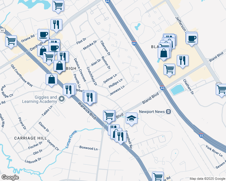 map of restaurants, bars, coffee shops, grocery stores, and more near 4 Crutchfield Drive in Newport News