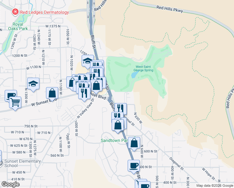 map of restaurants, bars, coffee shops, grocery stores, and more near 776 Diagonal Street in St. George