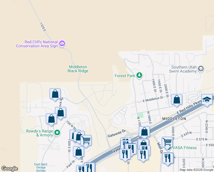 map of restaurants, bars, coffee shops, grocery stores, and more near Grand Heights Drive in St. George