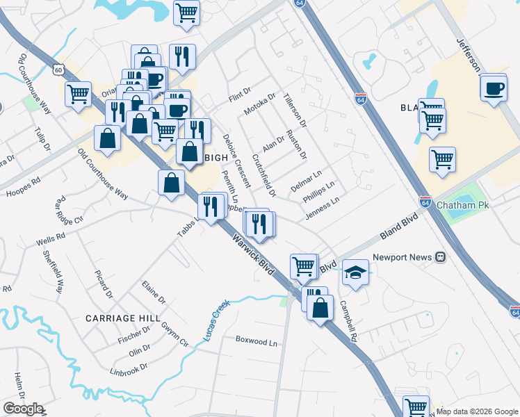 map of restaurants, bars, coffee shops, grocery stores, and more near 14205 Deloice Crescent in Newport News