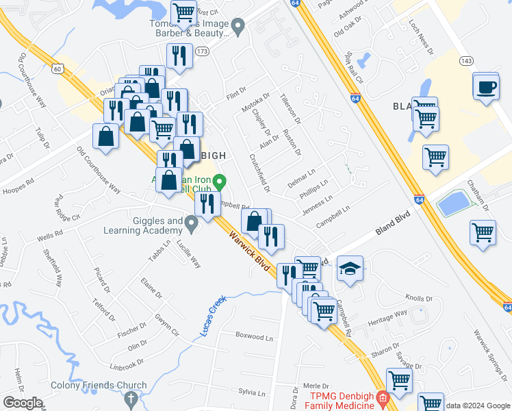 map of restaurants, bars, coffee shops, grocery stores, and more near 4024 Campbell Road in Newport News