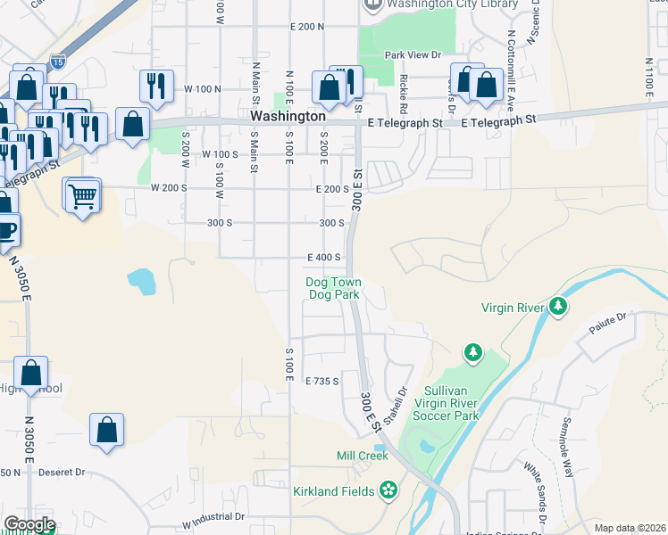 map of restaurants, bars, coffee shops, grocery stores, and more near 200 East 400 South in Washington