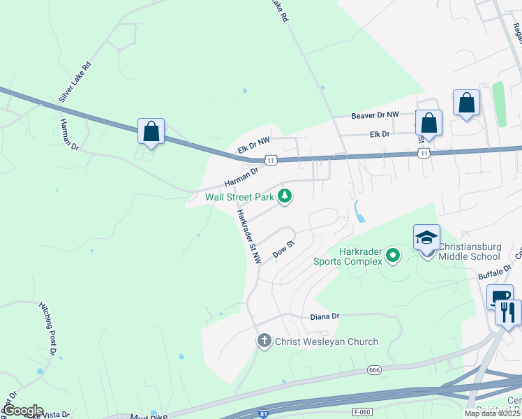 map of restaurants, bars, coffee shops, grocery stores, and more near 1375 Wall Street in Christiansburg