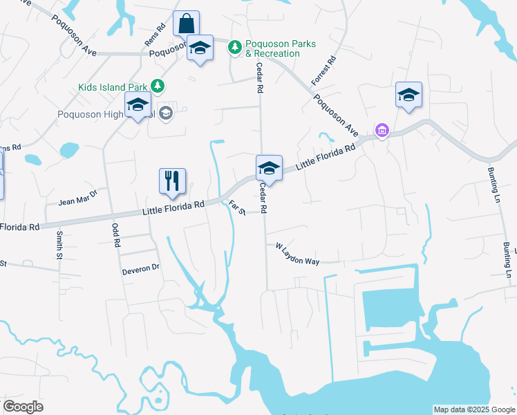 map of restaurants, bars, coffee shops, grocery stores, and more near 106 Cedar Road in Poquoson