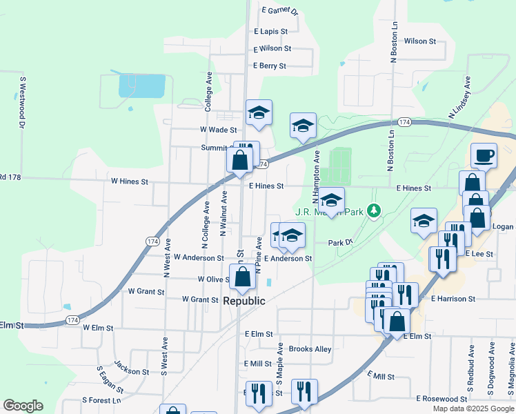 map of restaurants, bars, coffee shops, grocery stores, and more near 552 N Main Ave in Republic